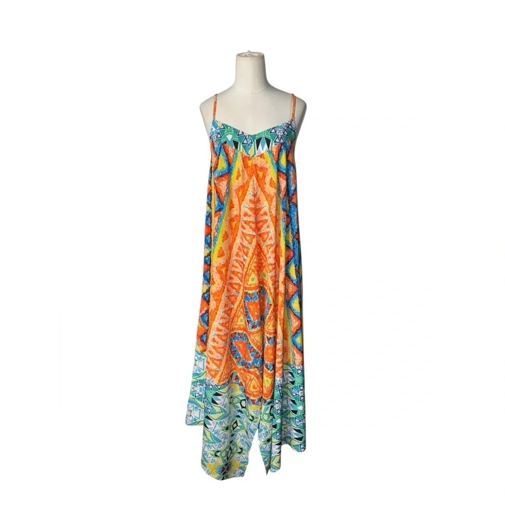 Boston Proper Boho Maxi Dress – Vibrant Tribal Print, Handkerchief Hem.